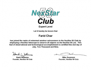 NexStar 50 Club Certificate